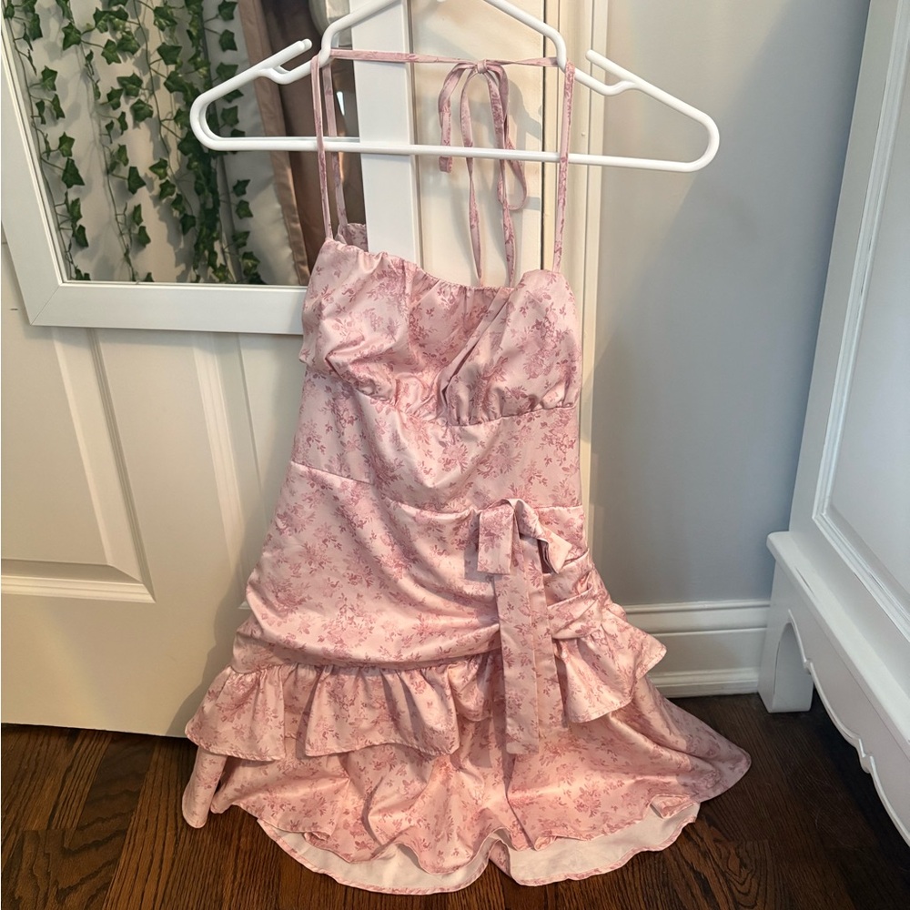 SHEIN Pink Privé Floral Print Ruffle Hem Halter Neck Belted Dress
